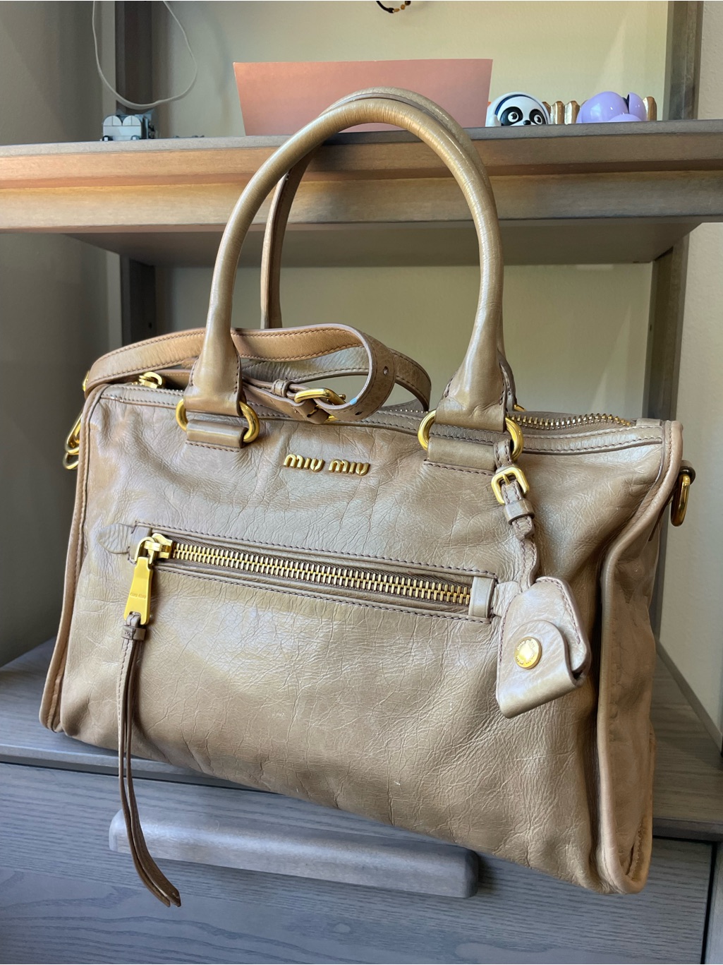 Miu Miu Beige-Tan Leather Satchel With Gold Hardware